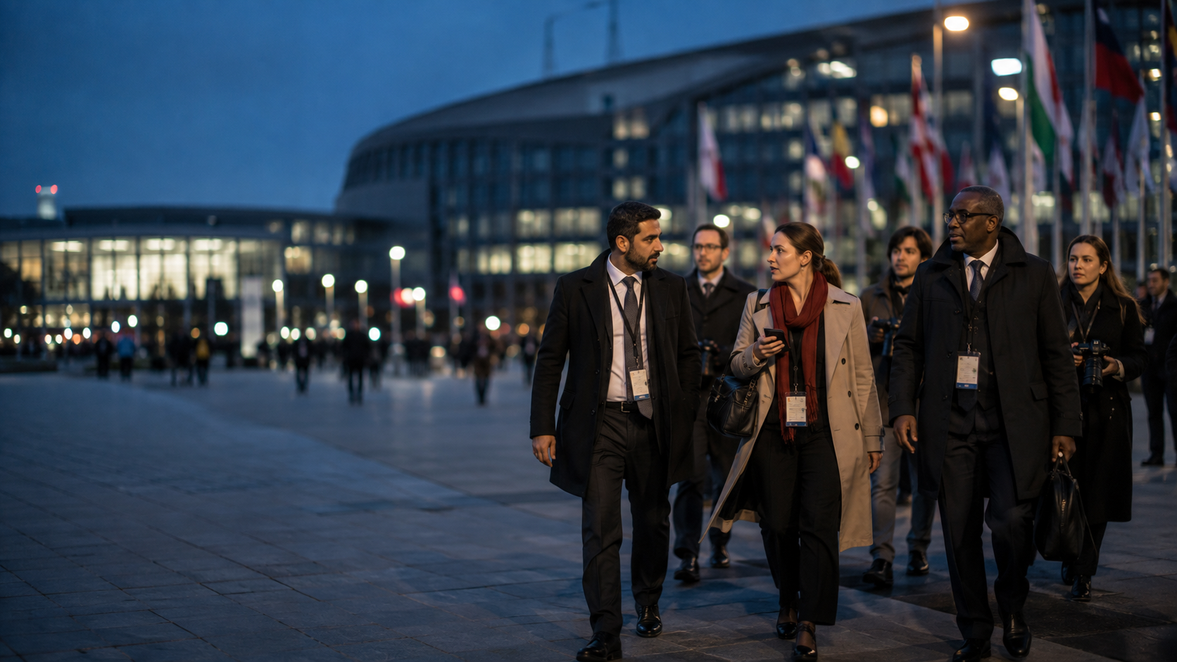 Journalists and delegates walking outside an international venue at dusk